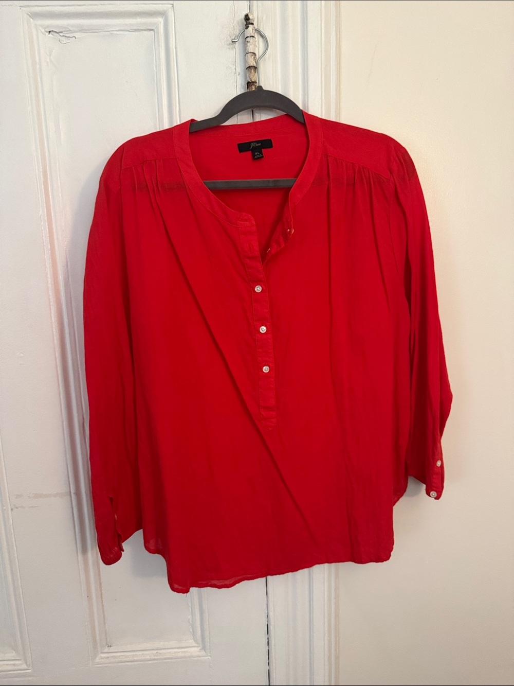 J Crew Red Button-Front Lightweight Peasant Tunic